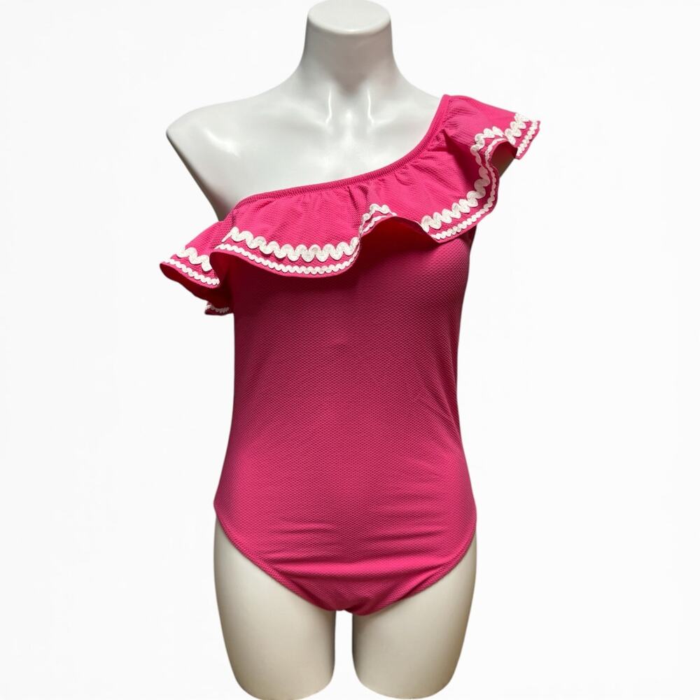 J.Crew One Shoulder Ruffle One Piece Swimsuit Pink White 6